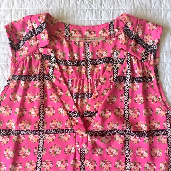 Women's 41 Hawthorn Hot Pink Print Sleeveless Top Sz M Shalley Split Neck Blouse - Picture 8 of 12